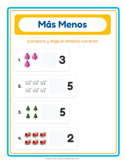 Vista previa de la hoja de Más O Menos con Invierno para preescolar