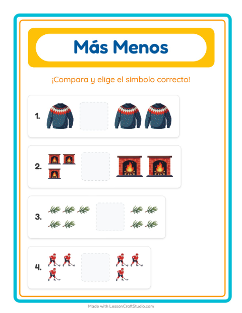Vista previa de la hoja de Más O Menos con Invierno para preescolar