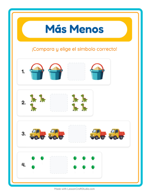 Vista previa de la hoja de Más O Menos con Juguetes para preescolar
