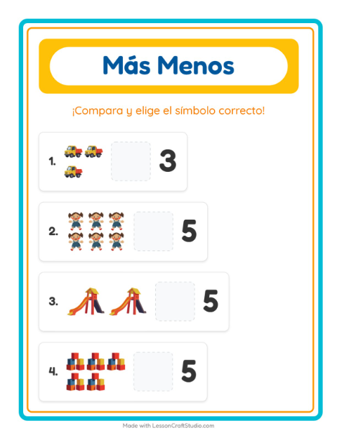 Vista previa de la hoja de Más O Menos con Juguetes para preescolar