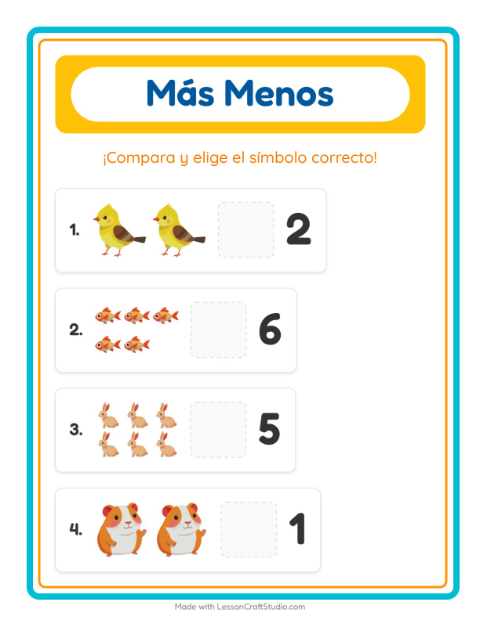 Vista previa de la hoja de Más O Menos con Mascotas para preescolar