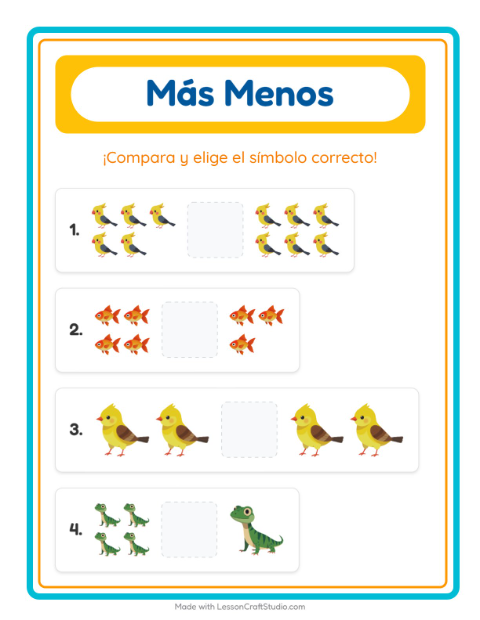 Vista previa de la hoja de Más O Menos con Mascotas para preescolar