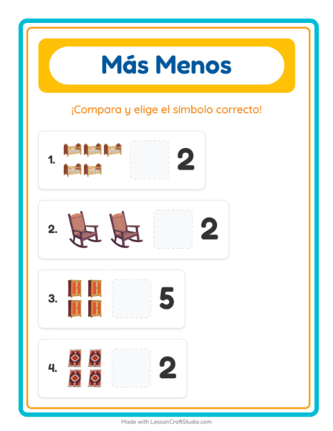 Vista previa de la hoja de Más O Menos con Muebles para preescolar
