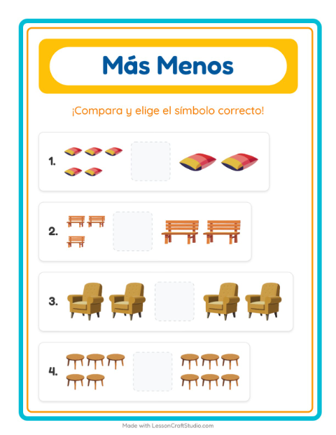 Vista previa de la hoja de Más O Menos con Muebles para preescolar