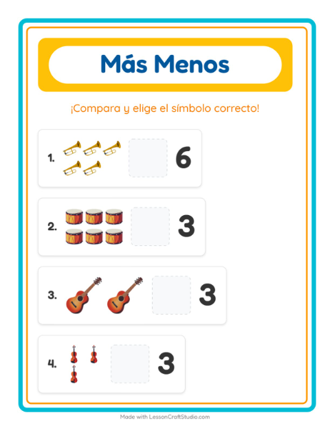 Vista previa de la hoja de Más O Menos con Música para preescolar