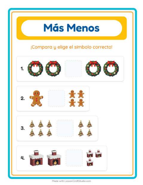 Vista previa de la hoja de Más O Menos con Navidad para preescolar