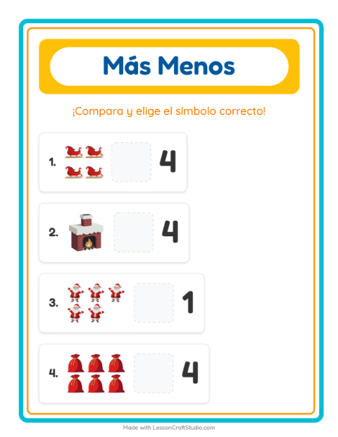Vista previa de la hoja de Más O Menos con Navidad para preescolar