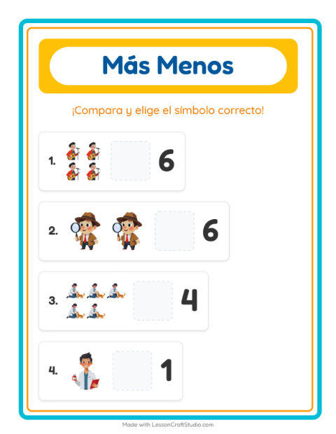 Vista previa de la hoja de Más O Menos con Ocupaciones para preescolar