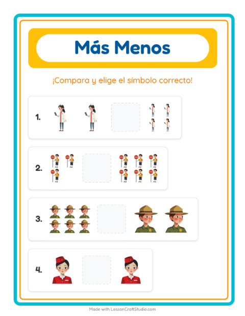 Vista previa de la hoja de Más O Menos con Ocupaciones para preescolar
