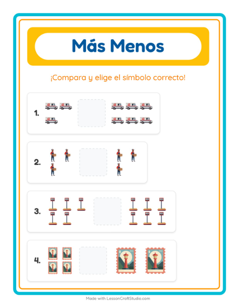 Vista previa de la hoja de Más O Menos con Oficina de correos para preescolar