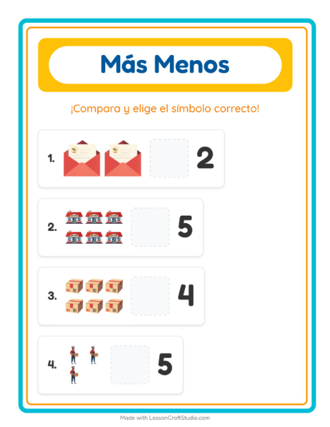 Vista previa de la hoja de Más O Menos con Oficina de correos para preescolar