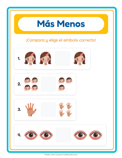 Vista previa de la hoja de Más O Menos con Partes del cuerpo para preescolar