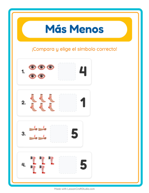 Vista previa de la hoja de Más O Menos con Partes del cuerpo para preescolar