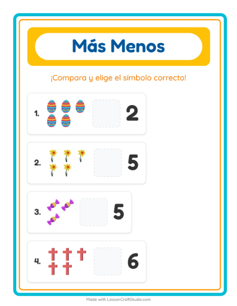 Vista previa de la hoja de Más O Menos con Pascua para preescolar