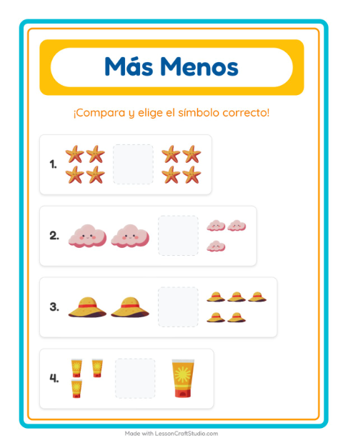 Vista previa de la hoja de Más O Menos con Playa para preescolar