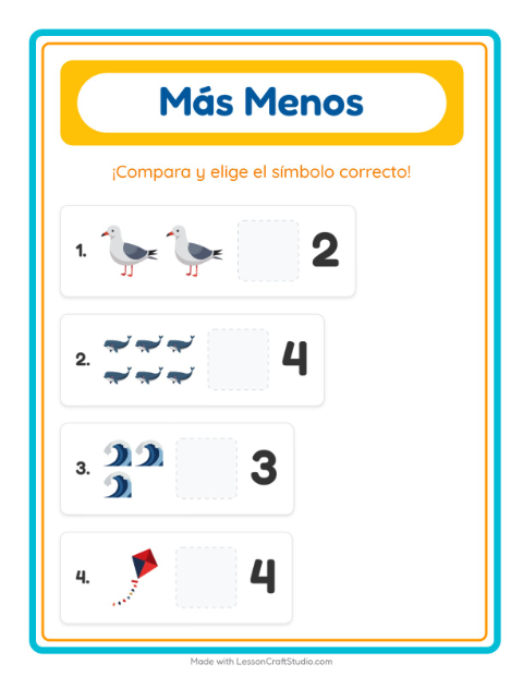 Vista previa de la hoja de Más O Menos con Playa para preescolar