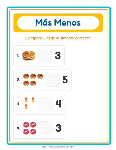 Vista previa de la hoja de Más O Menos con Postres y dulces para preescolar