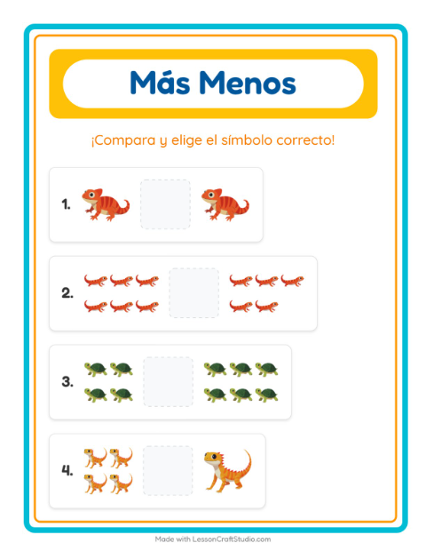 Vista previa de la hoja de Más O Menos con Reptiles y anfibios para preescolar