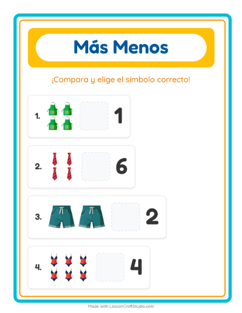 Vista previa de la hoja de Más O Menos con Ropa para preescolar