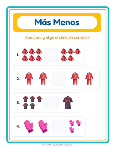 Vista previa de la hoja de Más O Menos con Ropa para preescolar