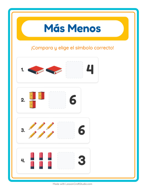 Vista previa de la hoja de Más O Menos con Salón de clases para preescolar