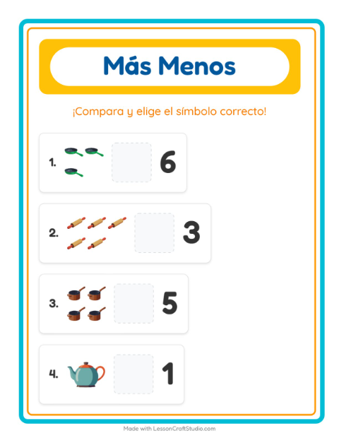 Vista previa de la hoja de Más O Menos con Utensilios de cocina para preescolar