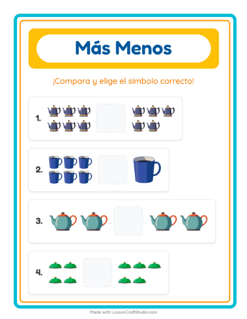 Vista previa de la hoja de Más O Menos con Utensilios de cocina para preescolar