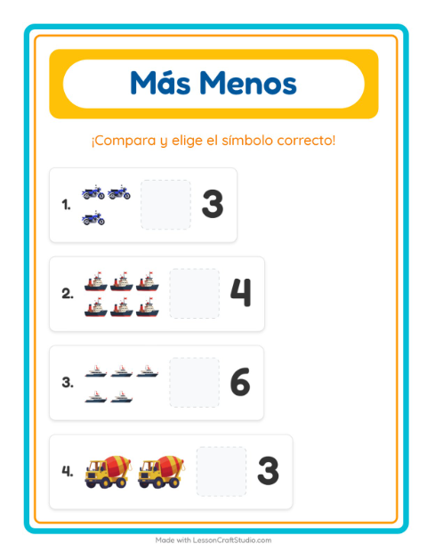 Vista previa de la hoja de Más O Menos con Vehículos para preescolar