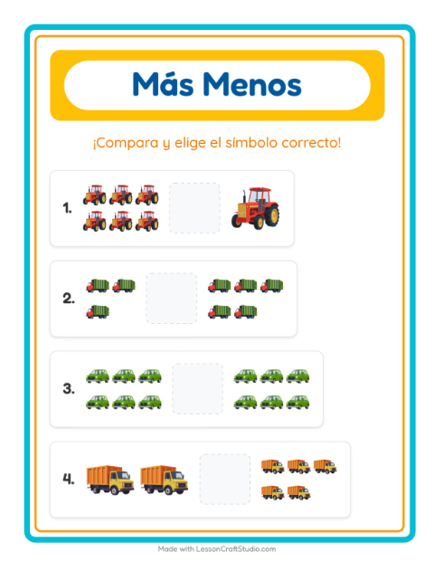 Vista previa de la hoja de Más O Menos con Vehículos para preescolar