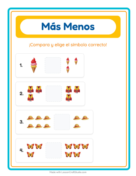 Vista previa de la hoja de Más O Menos con Verano para preescolar