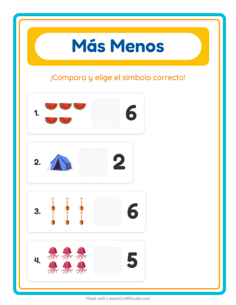 Vista previa de la hoja de Más O Menos con Verano para preescolar