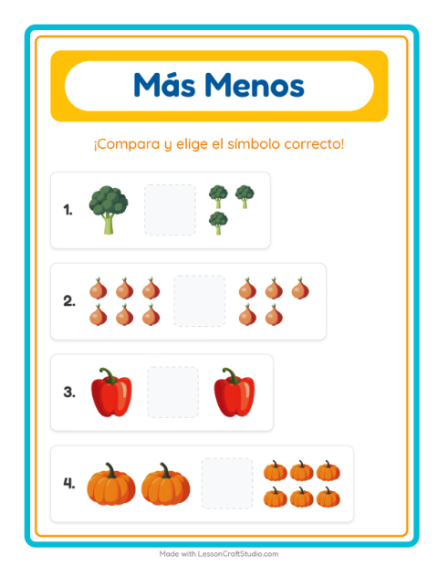 Vista previa de la hoja de Más O Menos con Verduras para preescolar