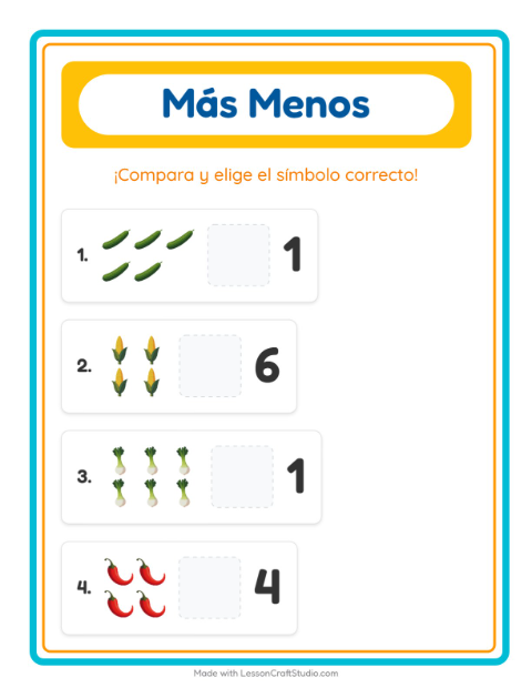 Vista previa de la hoja de Más O Menos con Verduras para preescolar
