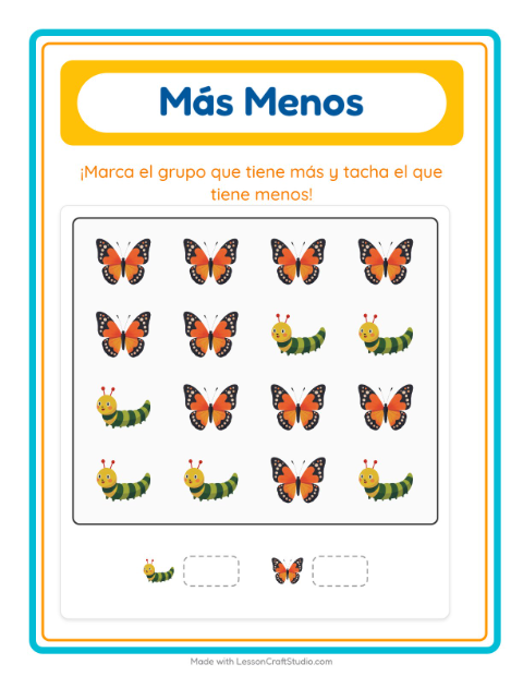 Vista previa de la hoja de Más O Menos con Vida marina para preescolar