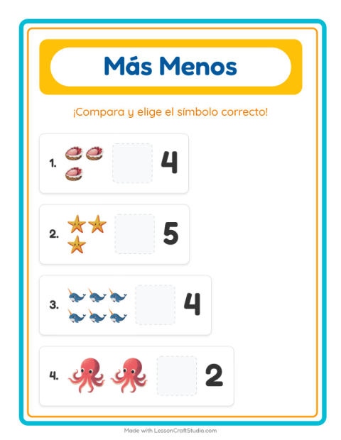 Vista previa de la hoja de Más O Menos con Vida marina para preescolar