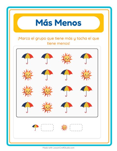 Vista previa de la hoja de Más O Menos con Vida marina para preescolar