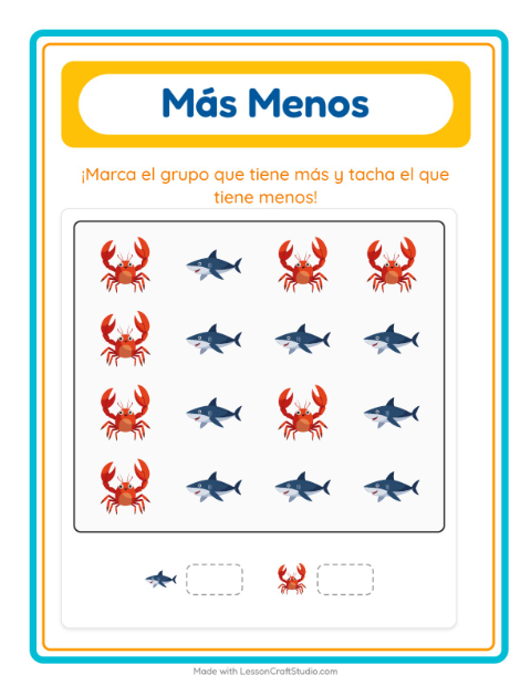 Vista previa de la hoja de Más O Menos con Vida marina para preescolar