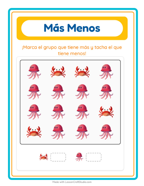 Vista previa de la hoja de Más O Menos con Vida marina para preescolar
