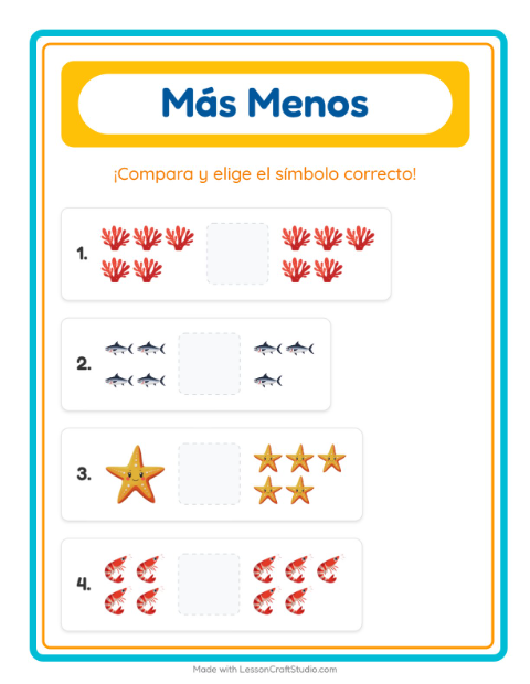 Vista previa de la hoja de Más O Menos con Vida marina para preescolar