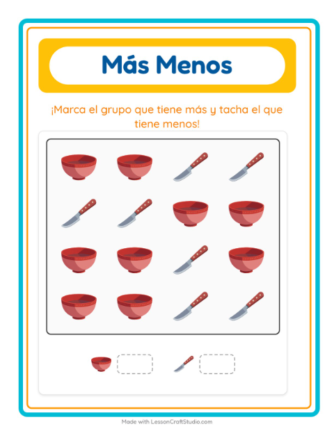 Vista previa de la hoja de Más O Menos con Vida marina para preescolar