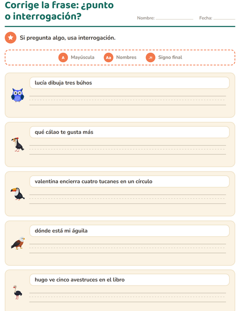 Vista previa de la hoja de Mayúsculas y puntuación con Aves para grado 2