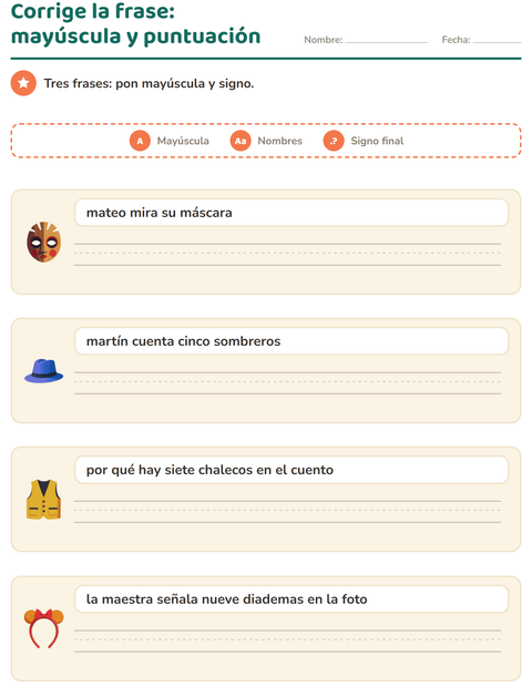 Vista previa de la hoja de Mayúsculas y puntuación con Accesorios para grado 2
