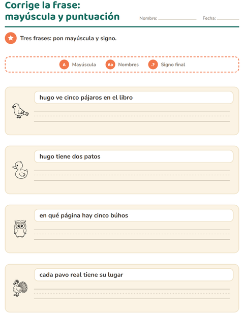 Vista previa de la hoja de Mayúsculas y puntuación con Aves ByN 2 para grado 2