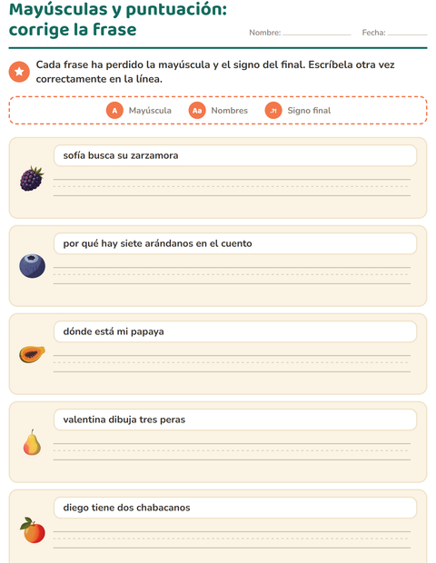 Vista previa de la hoja de Mayúsculas y puntuación con Frutas para grado 2