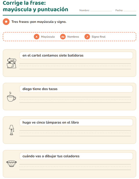 Vista previa de la hoja de Mayúsculas y puntuación con Hogar BN para grado 2