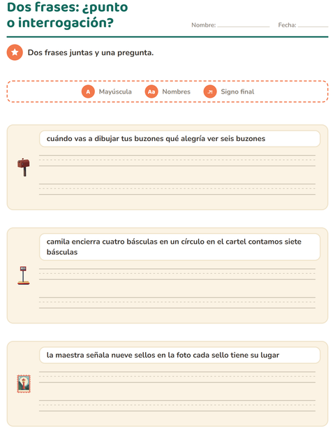 Vista previa de la hoja de Mayúsculas y puntuación con Oficina de correos para grado 2