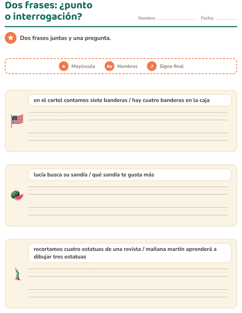 Vista previa de la hoja de Mayúsculas y puntuación con 4 de Julio para grado 2