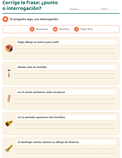 Vista previa de la hoja de Mayúsculas y puntuación con Herramientas para grado 2