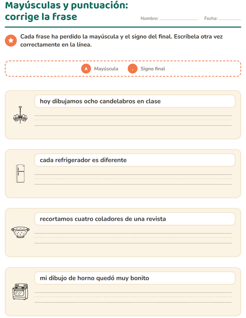 Vista previa de la hoja de Mayúsculas y puntuación con Hogar BN para grado 2
