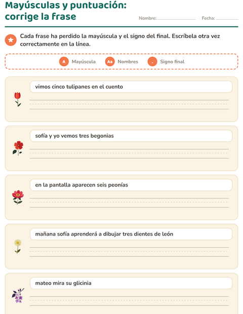 Vista previa de la hoja de Mayúsculas y puntuación con Flores para grado 2